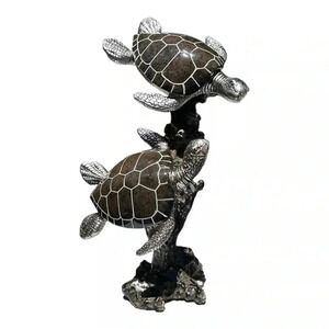 2 Swimming Sea Turtles Polystone Figurine 12" Decorative Coral Metallic Granite